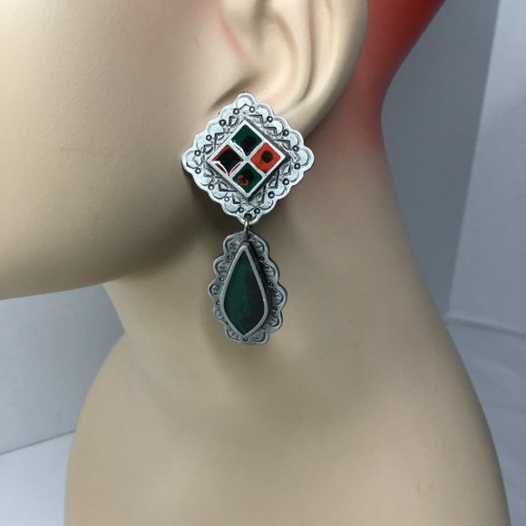 Earrings By Don-Lin 2.5" L Costume Jewlery Dangle Green and Red Designs - Picture 1 of 3